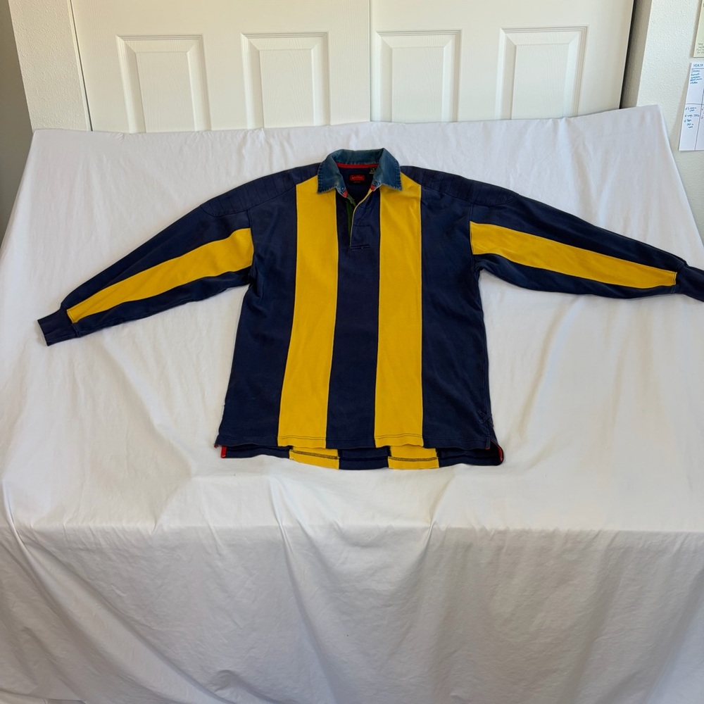 Rugby Vintage Oversized Mens Navy and Yellow Striped Long Sleeve Cotton Shirt